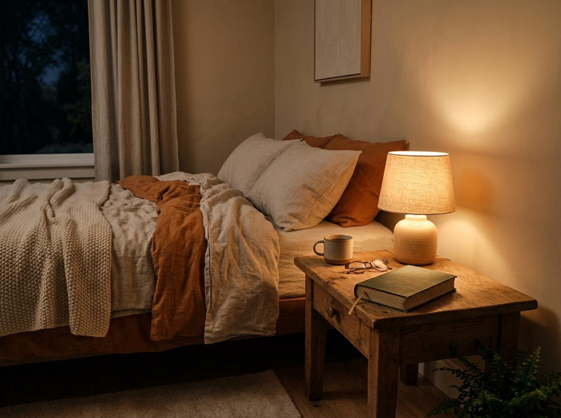 A small lamp glows warmly on a wooden nightstand beside a book and mug in a cozy bedroom at night.