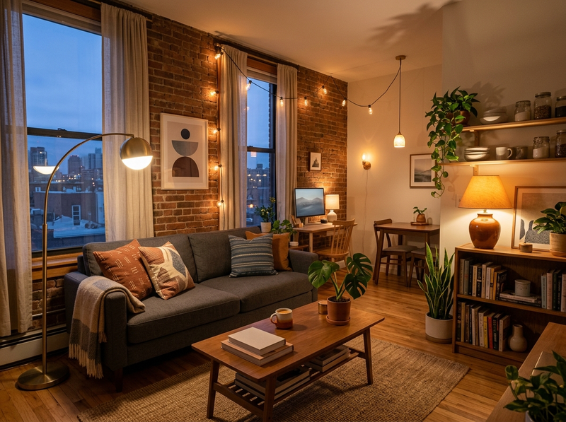 A small studio apartment at evening lit by layered warm light from a floor lamp, table lamps and string lights.