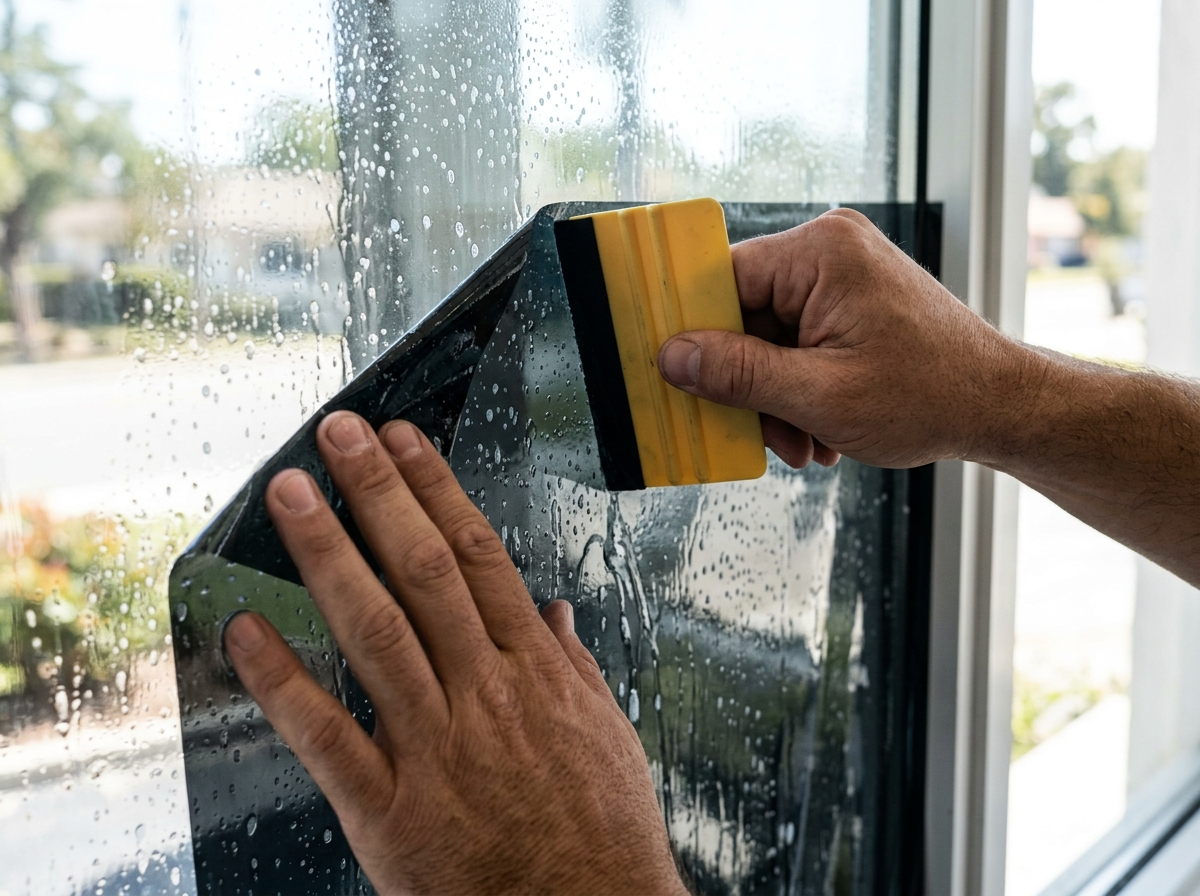 Two hands press a yellow squeegee across dark window film on wet glass, smoothing out water droplets in bright daylight.