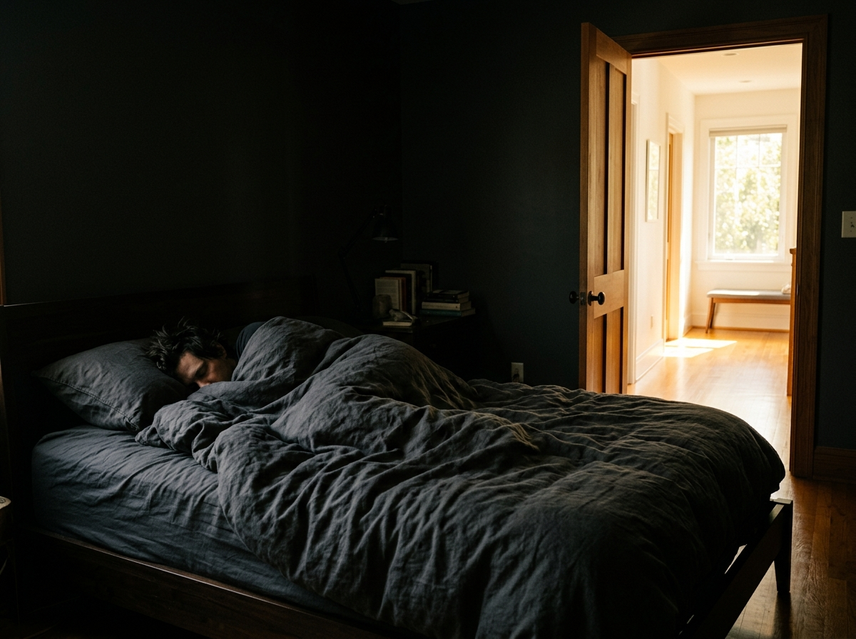 A person sleeps under a dark duvet in a very dark bedroom while bright sunlight fills a hallway window visible through the open door.