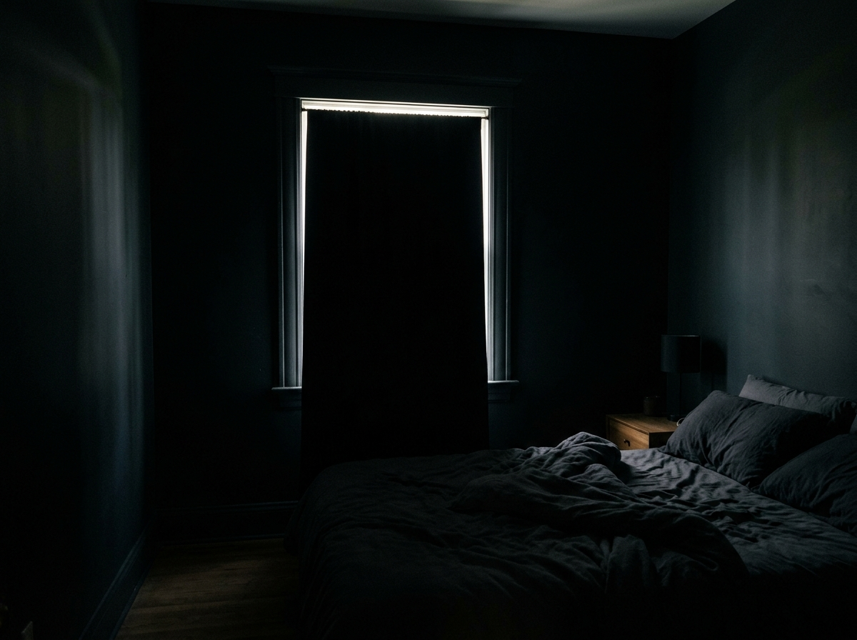 A nearly dark bedroom at midday with the window fully covered by a blackout panel and a thin sliver of daylight leaking at the top of the frame.