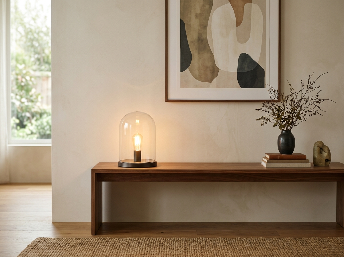 A glass dome table lamp glowing on a walnut console table beneath a large piece of framed abstract art.