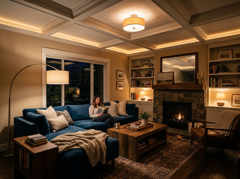 A living room at night lit in layers, with a ceiling fixture, an arched reading lamp beside a blue sofa, and small accent lamps glowing near the fireplace.