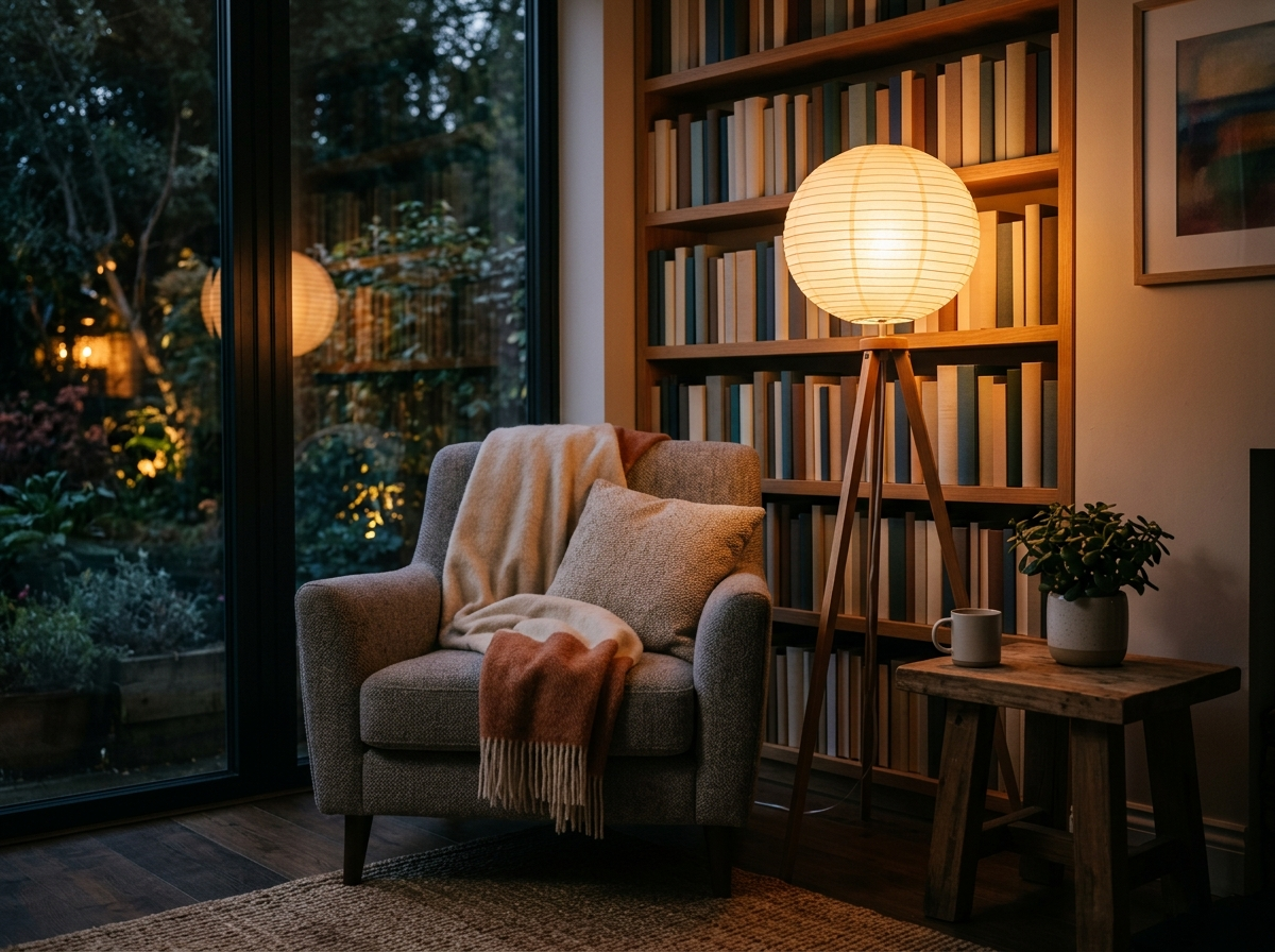 A glowing globe floor lamp on a tripod stand lighting a cozy reading corner with an armchair, bookshelves, and a garden window at dusk.