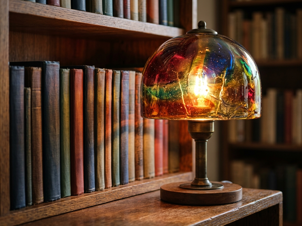 A multicolored blown-glass dome lamp glows warmly on a wooden bookshelf beside rows of hardcover books.