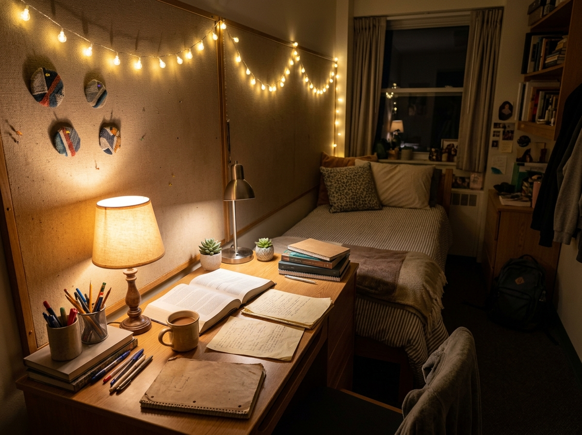 A dorm room desk at night lit by a warm table lamp, with open textbooks, a mug, and string fairy lights above the bed.