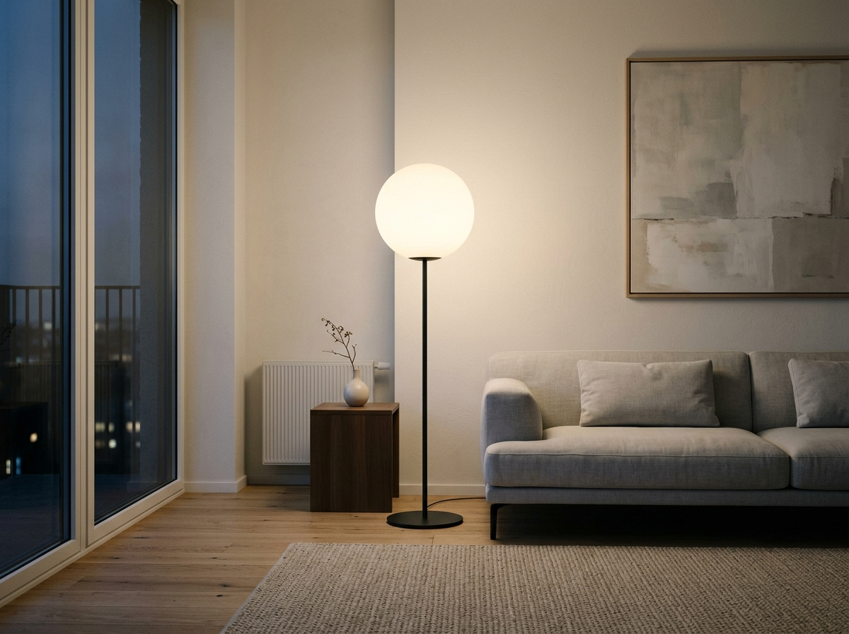 A minimalist living room anchored by a glowing white sphere floor lamp on a slender stem beside a pale sofa.