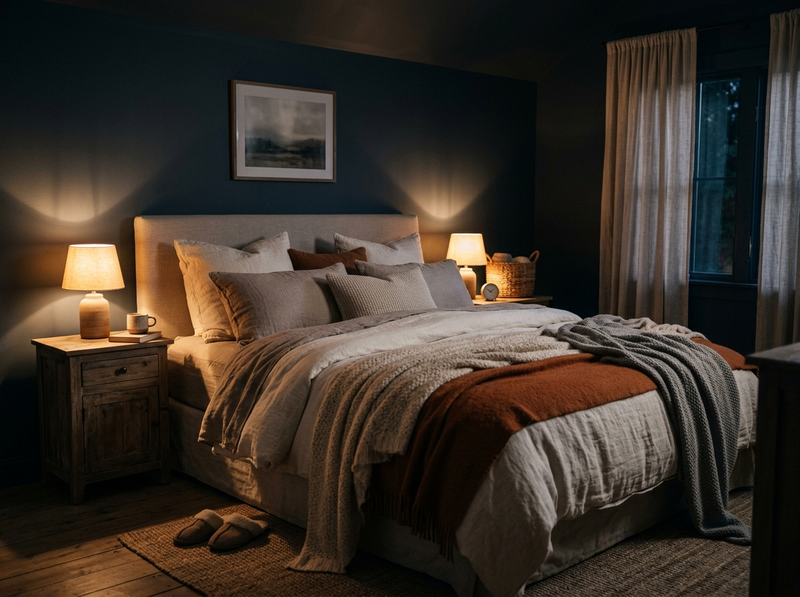 A bedroom in the evening lit only by two warm nightstand lamps, with layered bedding and soft pools of light.