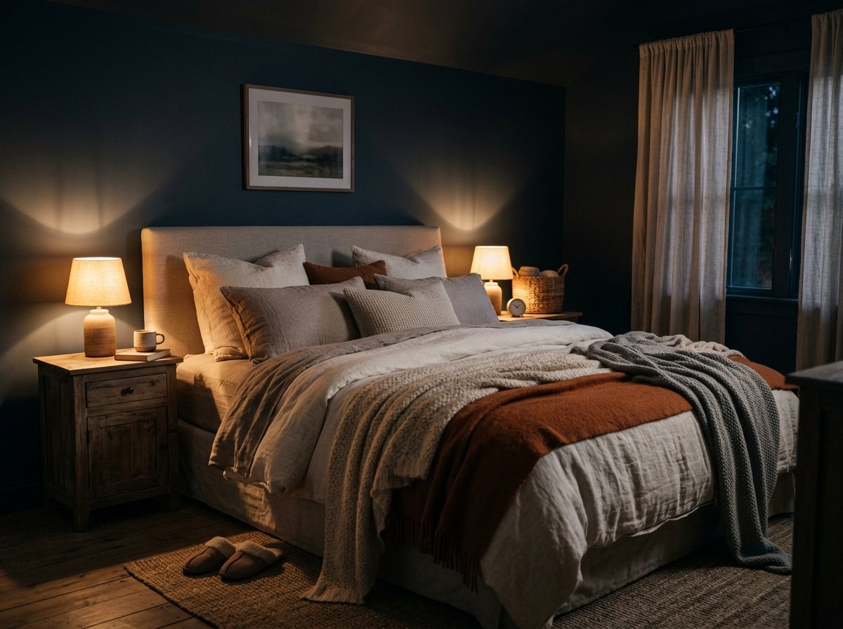 A bedroom in the evening lit only by two warm nightstand lamps, with layered bedding and soft pools of light.