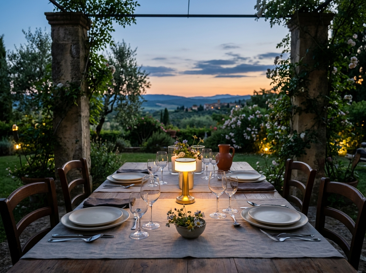 An outdoor dinner table at dusk with a small cordless lamp glowing at its center and hills in the background.