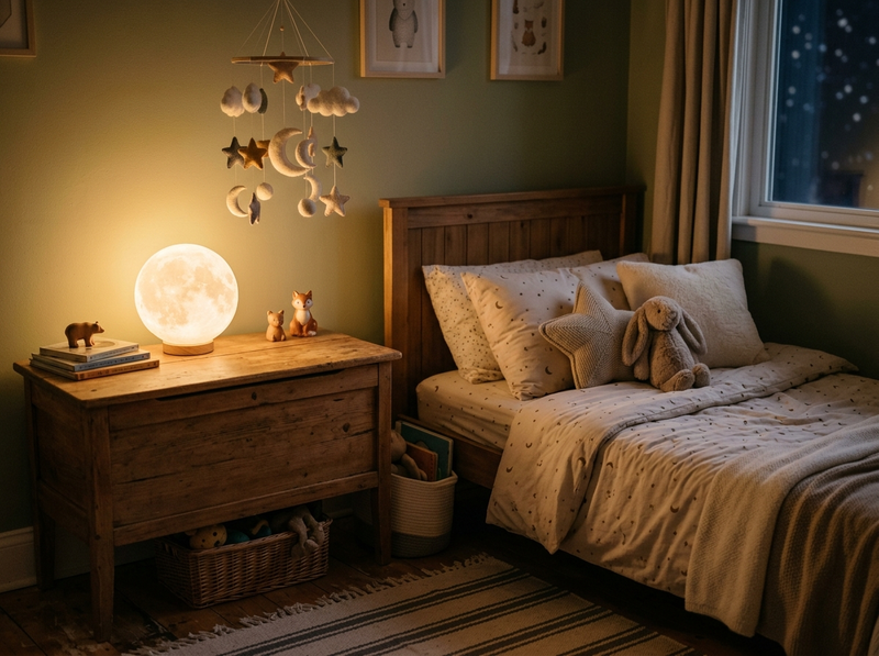 A child's bedroom at night with a glowing moon-shaped night light on a wooden dresser beneath a hanging stars mobile.