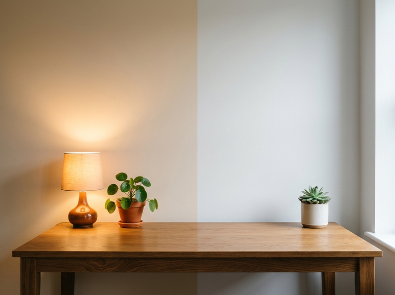 A wooden desk shown half in warm amber lamplight and half in cool white daylight-toned light.