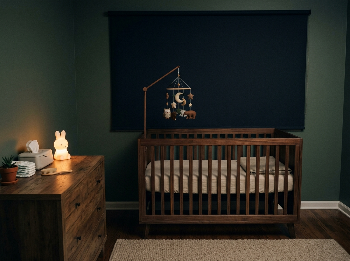 A dim nursery with a wooden crib and felt mobile in front of a dark blackout shade, lit by a small warm night light on the dresser.