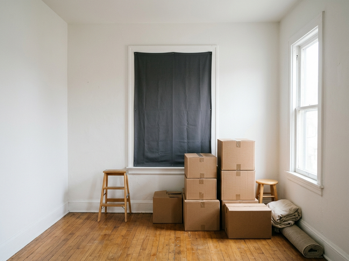 A bright rental bedroom with stacked cardboard moving boxes and a dark blackout panel neatly covering the main window.