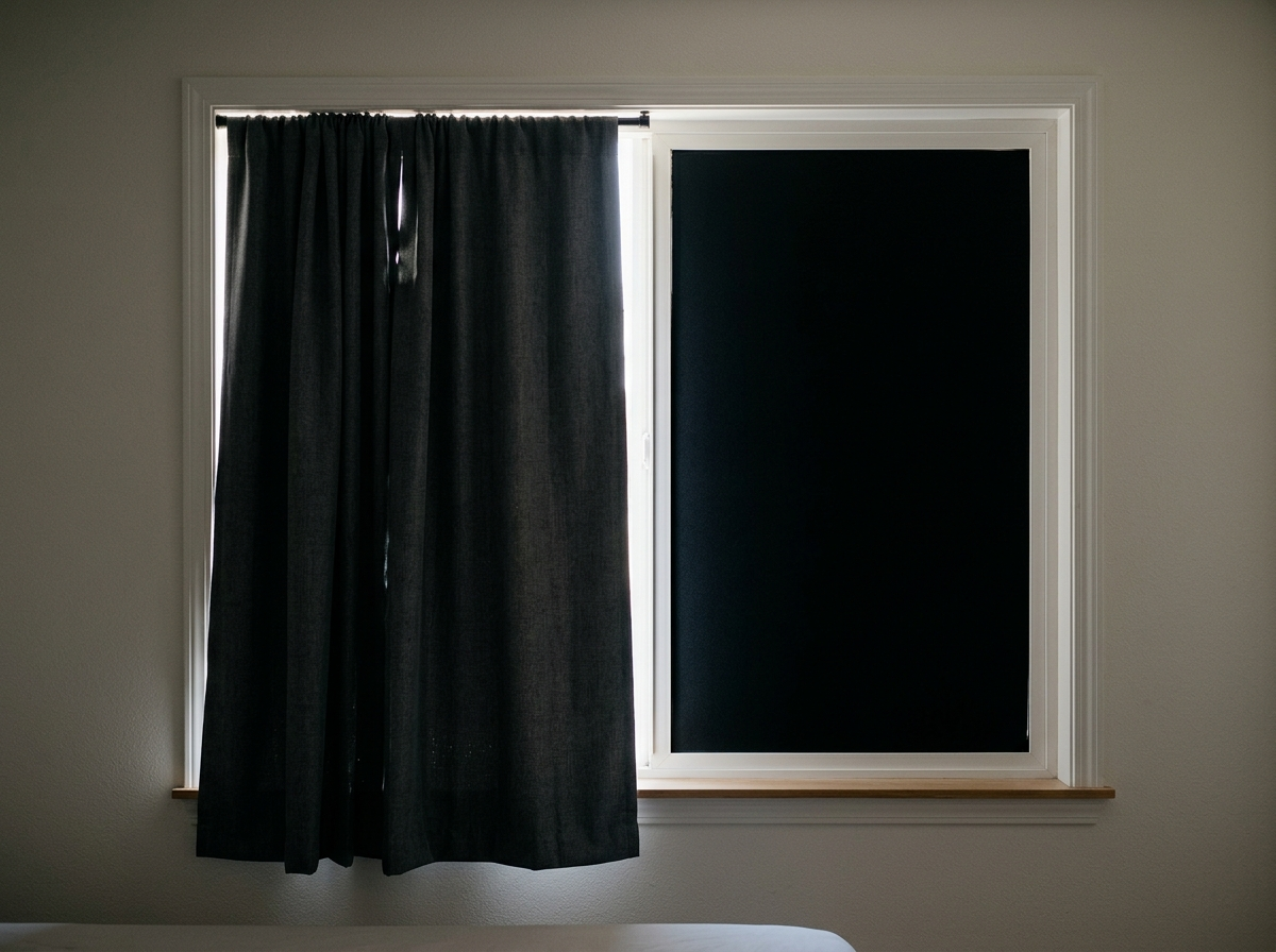 A bedroom window with a dark blackout curtain covering the left half and matte black window film applied flush to the glass on the right half.