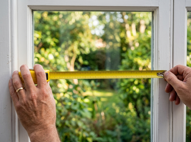Two hands stretch a yellow tape measure horizontally across the glass pane of a white residential window.