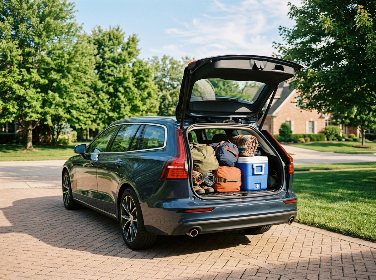 A station wagon in a sunny driveway with its tailgate open and the cargo area packed with duffel bags and a cooler.