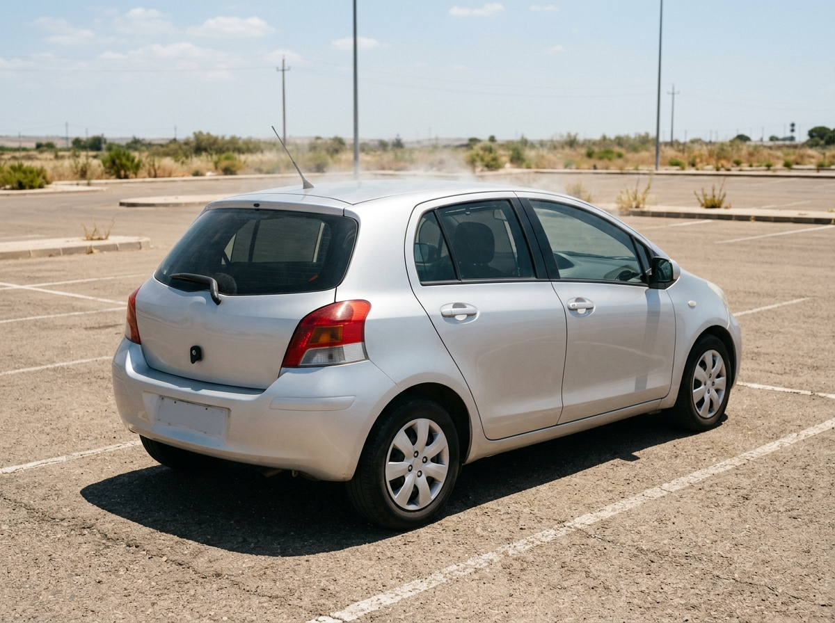 Heat shimmer rises above a silver car parked in an empty sun-baked parking lot with dark shades fitted inside its windows.
