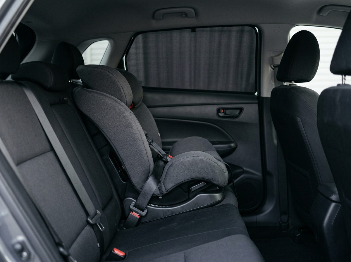 An empty child car seat installed on a car's rear bench beside a side window fully covered by a dark fabric sun shade.