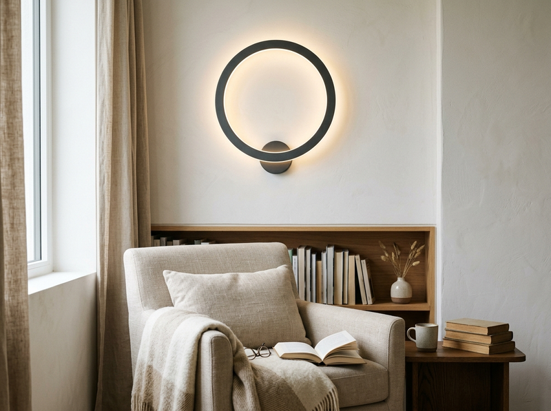 A ring-shaped wall lamp glowing warmly above a cozy reading chair with an open book and knitted throw.
