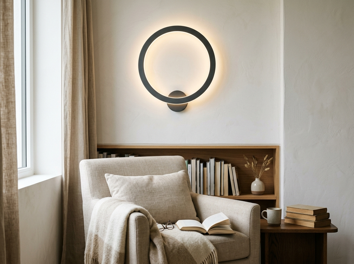 A ring-shaped wall lamp glowing warmly above a cozy reading chair with an open book and knitted throw.