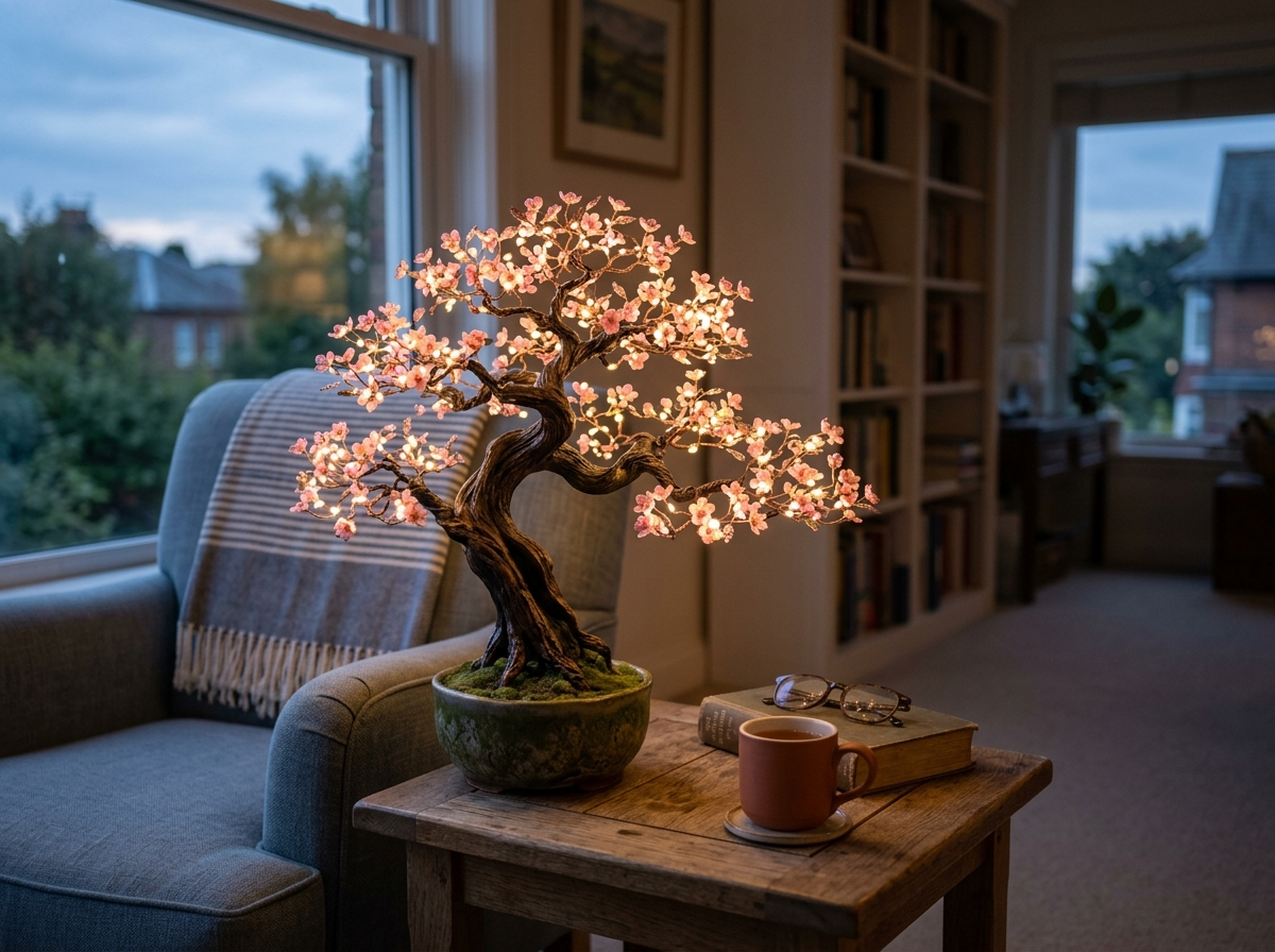 A sculptural LED bonsai lamp with glowing pink blossoms on a wooden side table at dusk.