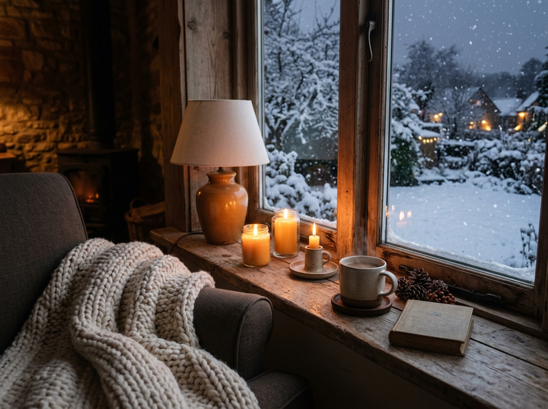 A warm lamp, lit candles and a mug of cocoa on a wooden windowsill with snow falling outside.