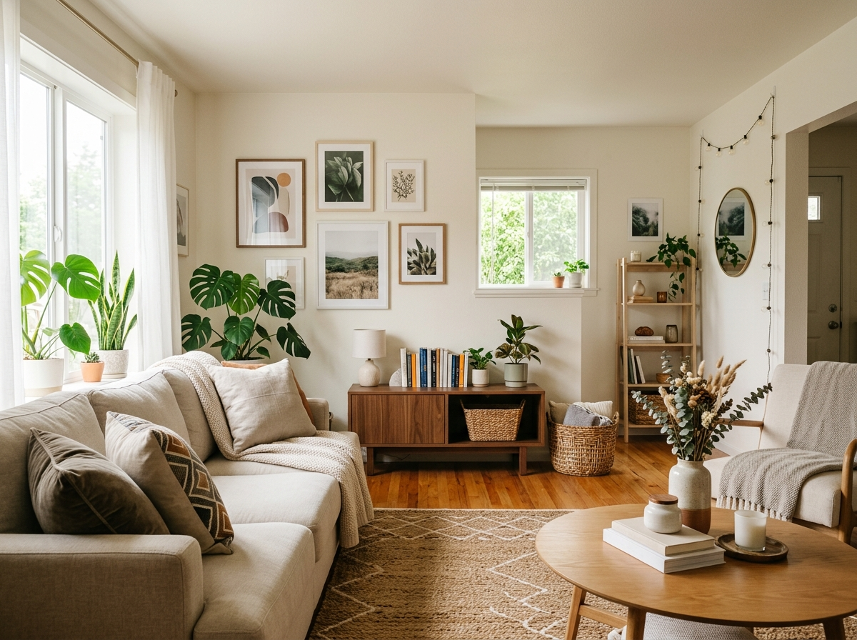 A bright rental living room staged with a large rug, gallery art, houseplants, string lights and freestanding furniture.