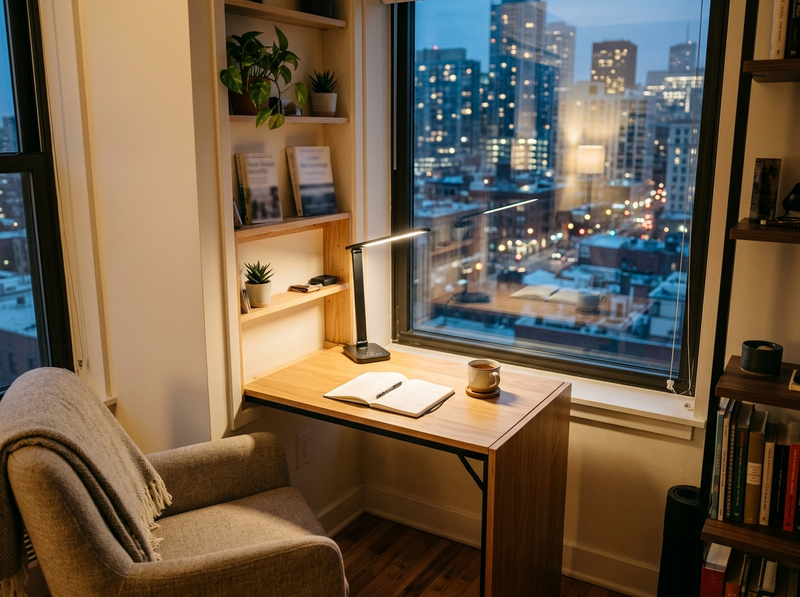 A compact fold-away desk nook in a studio apartment with a task lamp switched on over an open notebook, and city lights in the evening window.