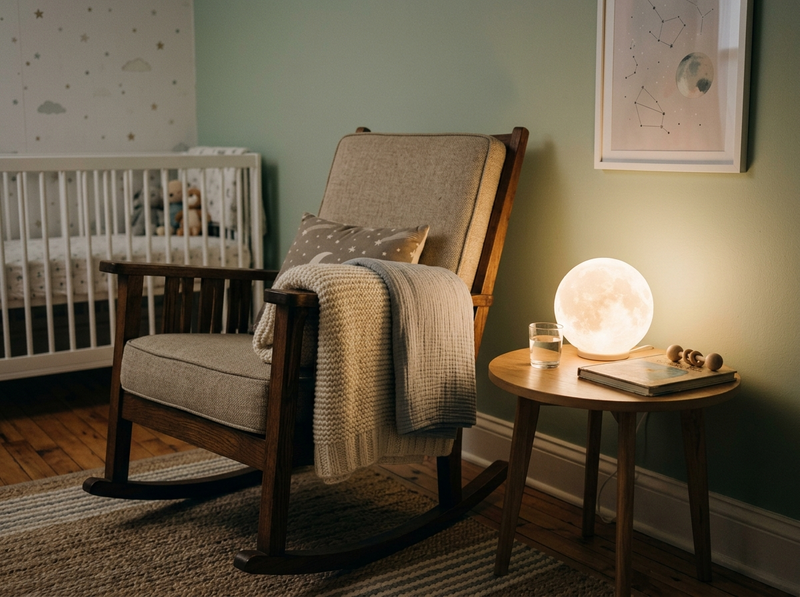 A nursery corner at night with a glowing moon night light on a side table beside a wooden rocking chair draped with folded blankets, a crib in the background.
