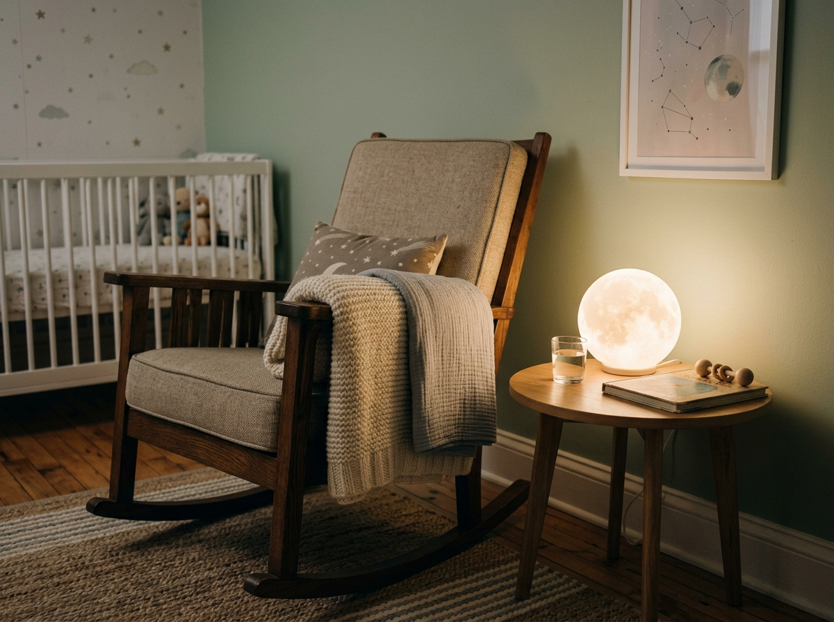 A nursery corner at night with a glowing moon night light on a side table beside a wooden rocking chair draped with folded blankets, a crib in the background.