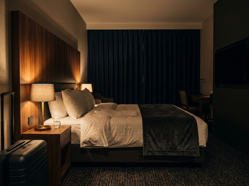 A dark hotel room prepared for sleep, with blackout curtains fully drawn, a dim bedside lamp glowing, and a suitcase standing in the corner.