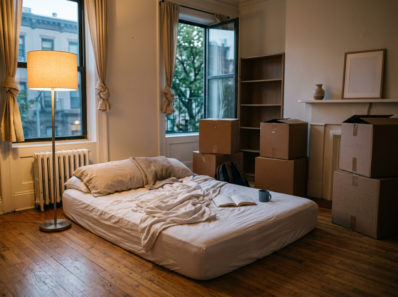 A first apartment on move-in day: a mattress on the wood floor beside a warm glowing floor lamp, with moving boxes stacked along the wall.