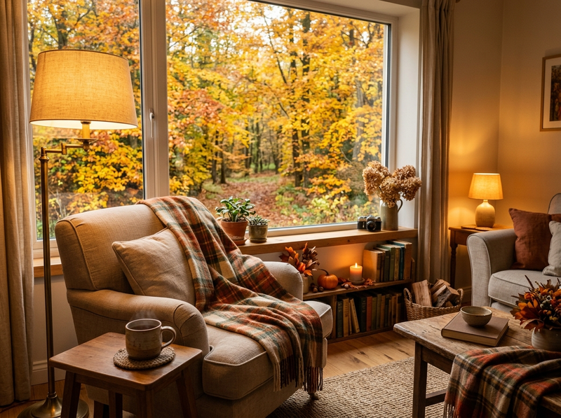 An autumn living room with a lit floor lamp and table lamp, an armchair draped in a plaid blanket, a steaming mug of tea, and golden trees outside the window.