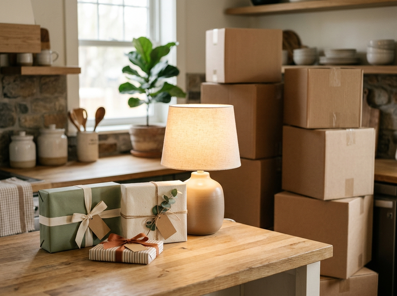 Wrapped housewarming gifts with blank kraft tags beside a glowing table lamp on a wooden kitchen counter, with plain moving boxes stacked behind.