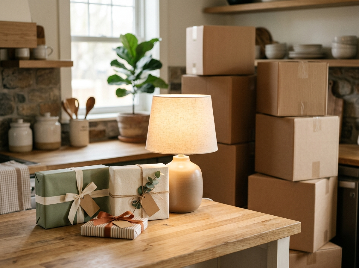 Wrapped housewarming gifts with blank kraft tags beside a glowing table lamp on a wooden kitchen counter, with plain moving boxes stacked behind.