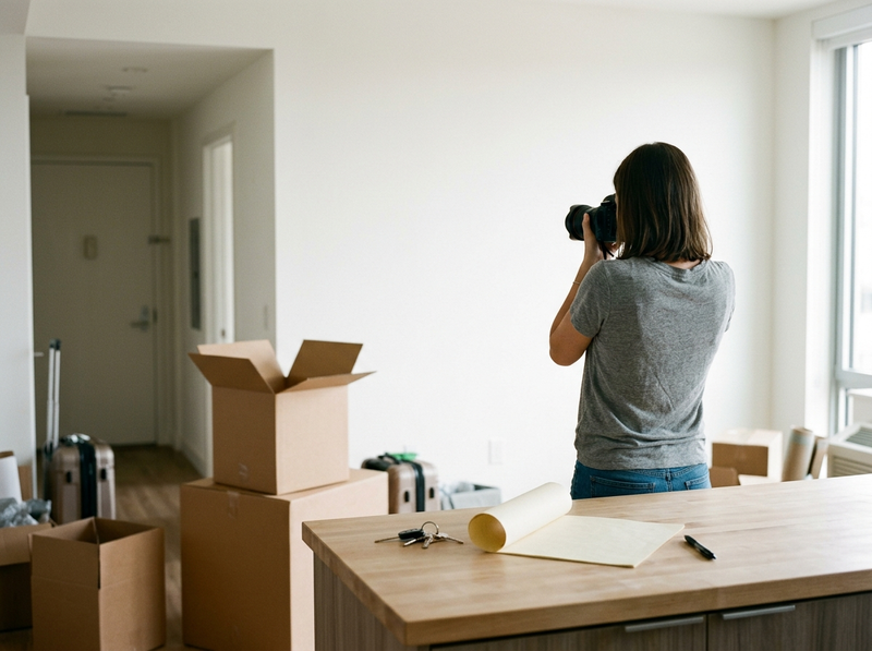 A renter photographs a bare white apartment wall on moving day, with keys and paperwork laid out on the kitchen counter and unmarked boxes nearby.
