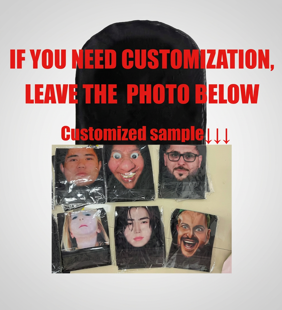 A black custom-printed backdrop or roll with large red text reading 'IF YOU NEED CUSTOMIZATION, LEAVE THE PHOTO BELOW' and 'Customized sample!!'. Below, six small sample prints showing different faces are arranged on a light background.