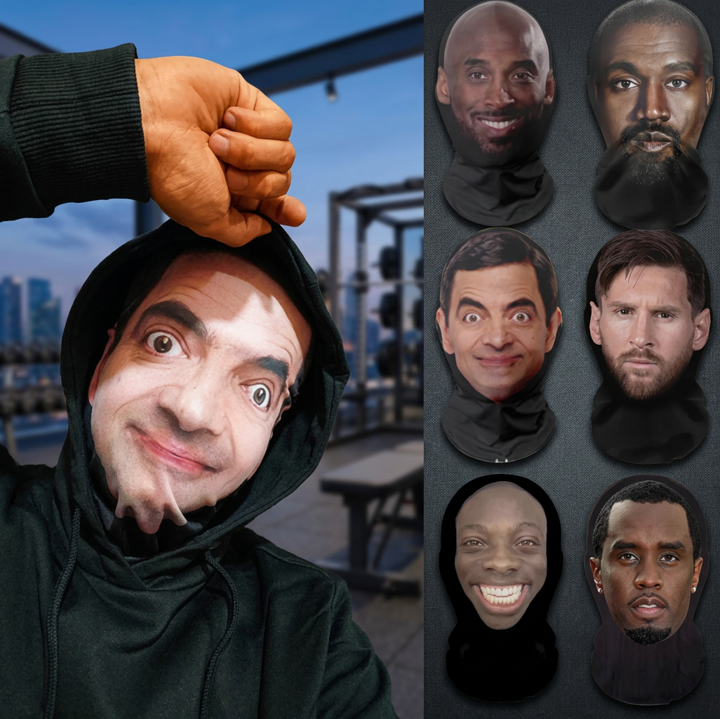 A split image showing a person in a black hoodie with a distorted face mask on the left, and a grid of multiple funny face masks on a dark background on the right. The person's hand is raised in a fist near the top left.
