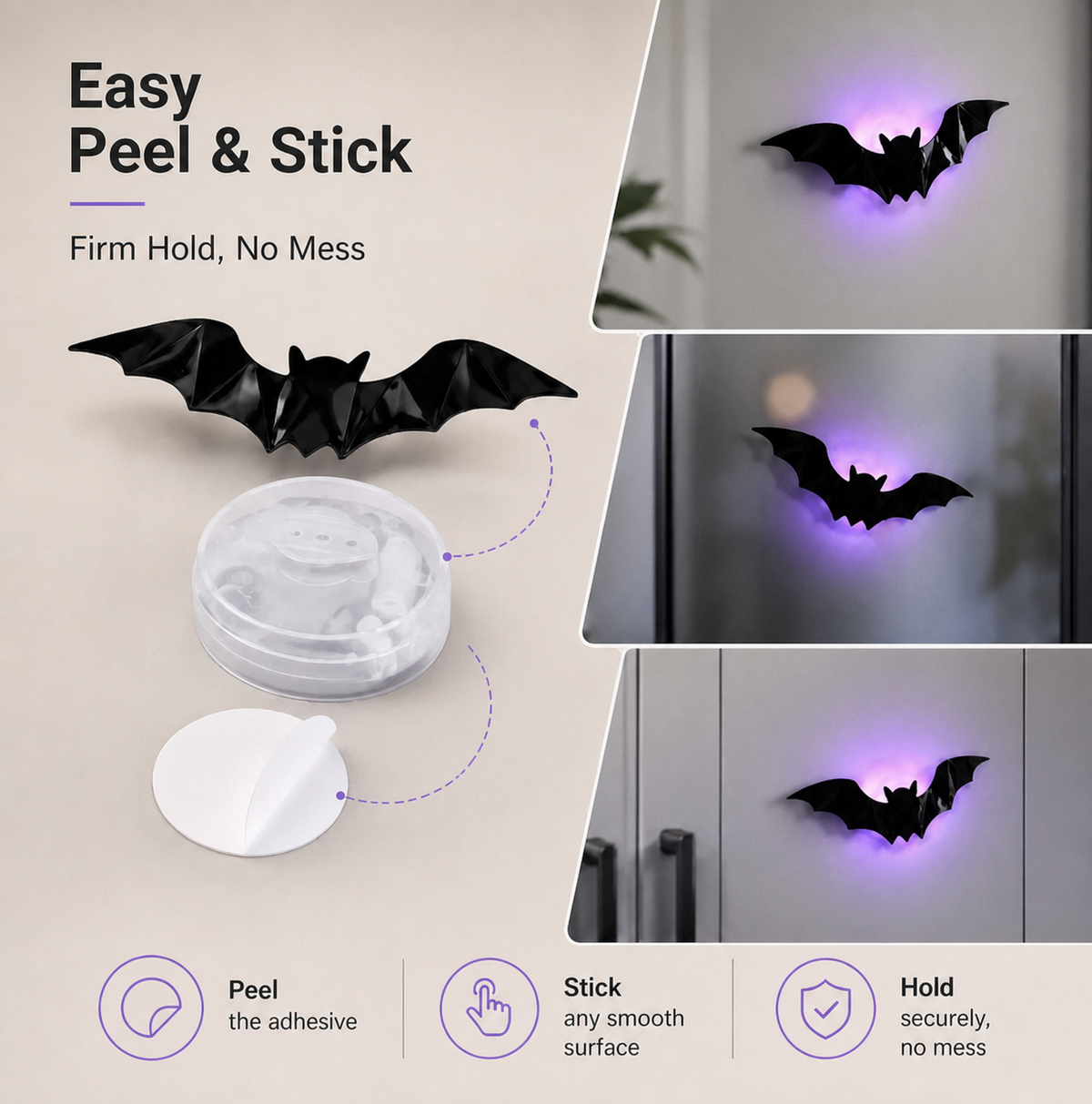 Black bat-shaped peel-and-stick wall lights shown with the clear adhesive container and white peel tab on a beige background, plus three inset photos of the bat light glowing purple when mounted on a door.