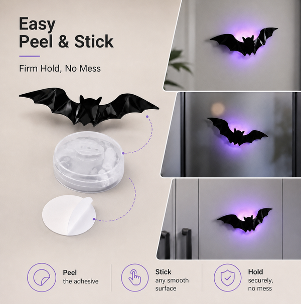 Black bat-shaped peel-and-stick wall lights shown with the clear adhesive container and white peel tab on a beige background, plus three inset photos of the bat light glowing purple when mounted on a door.