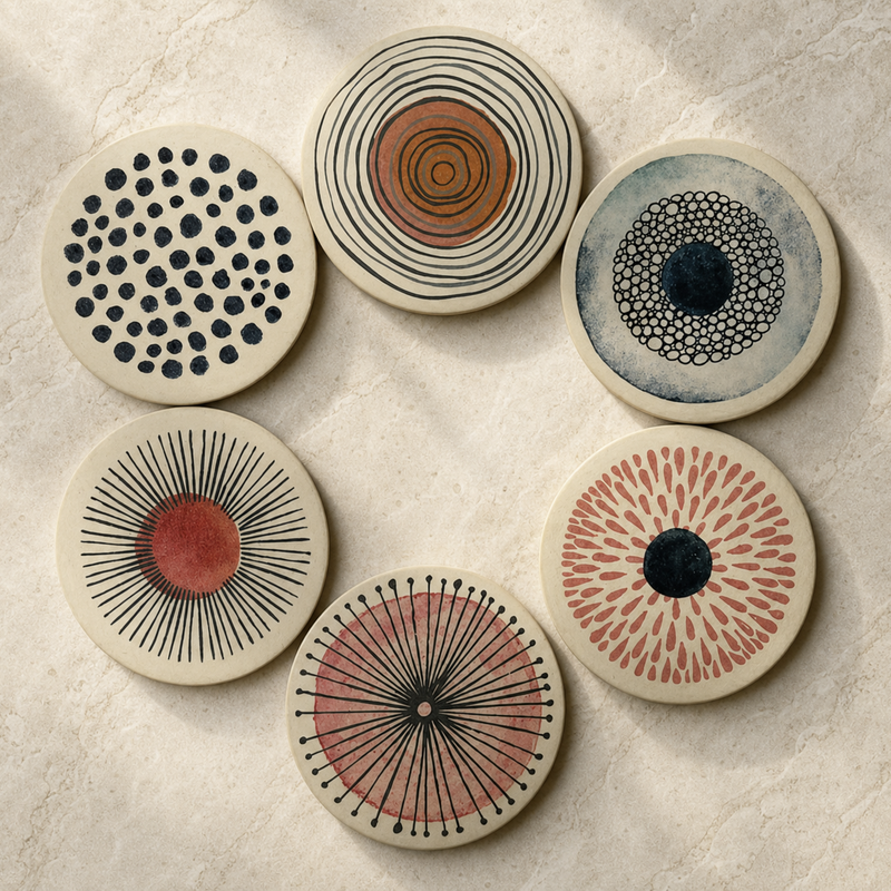 Six round ceramic coasters with various abstract hand-painted patterns, arranged in a circle on a textured beige stone surface.