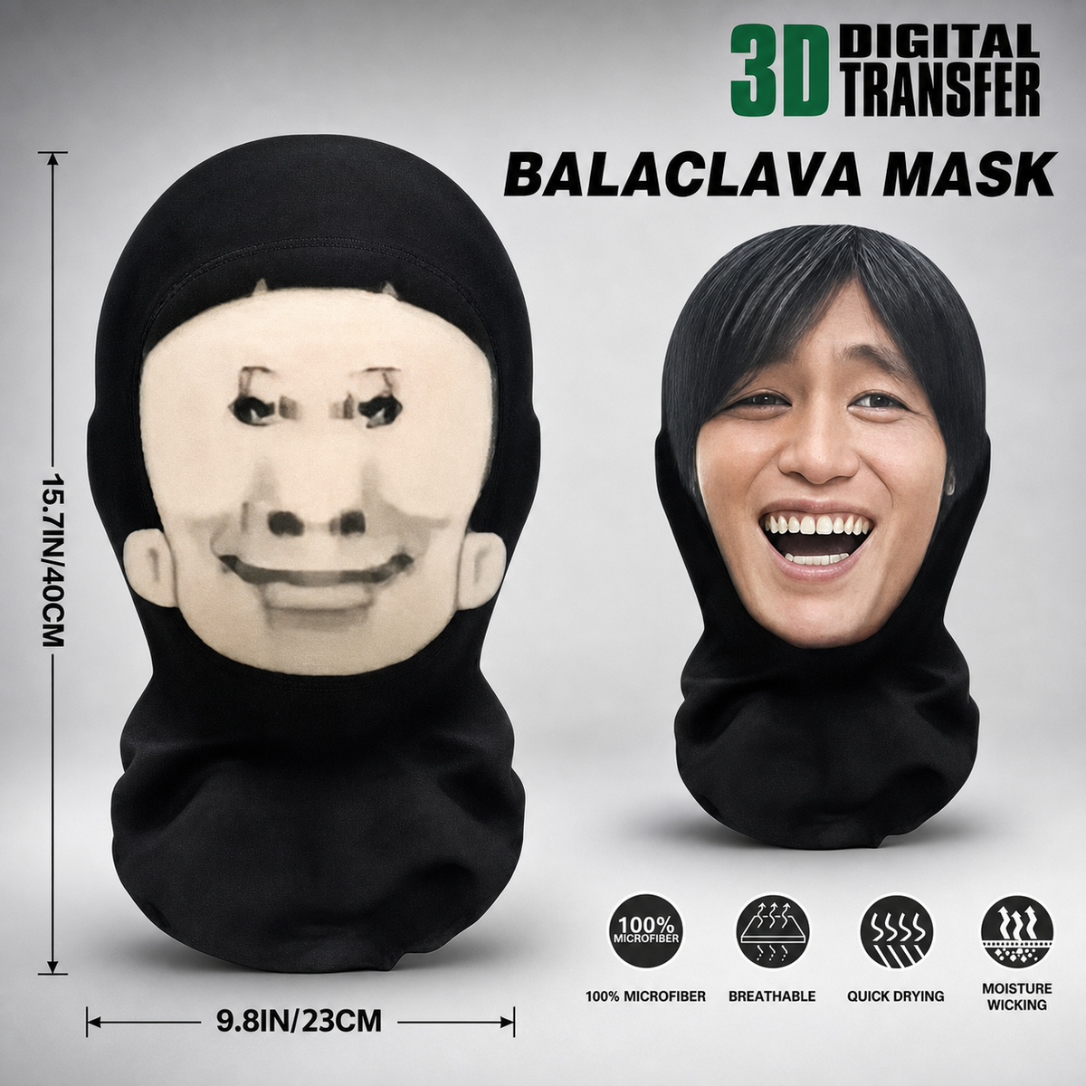 Black balaclava face mask shown on a mannequin head and a model head, with text reading '3D DIGITAL TRANSFER BALACLAVA MASK' and dimensions 15.71 x 9.