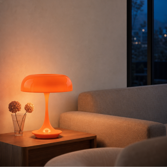An orange modern table lamp glowing on a wooden side table next to a beige sofa in a dimly lit living room at dusk.