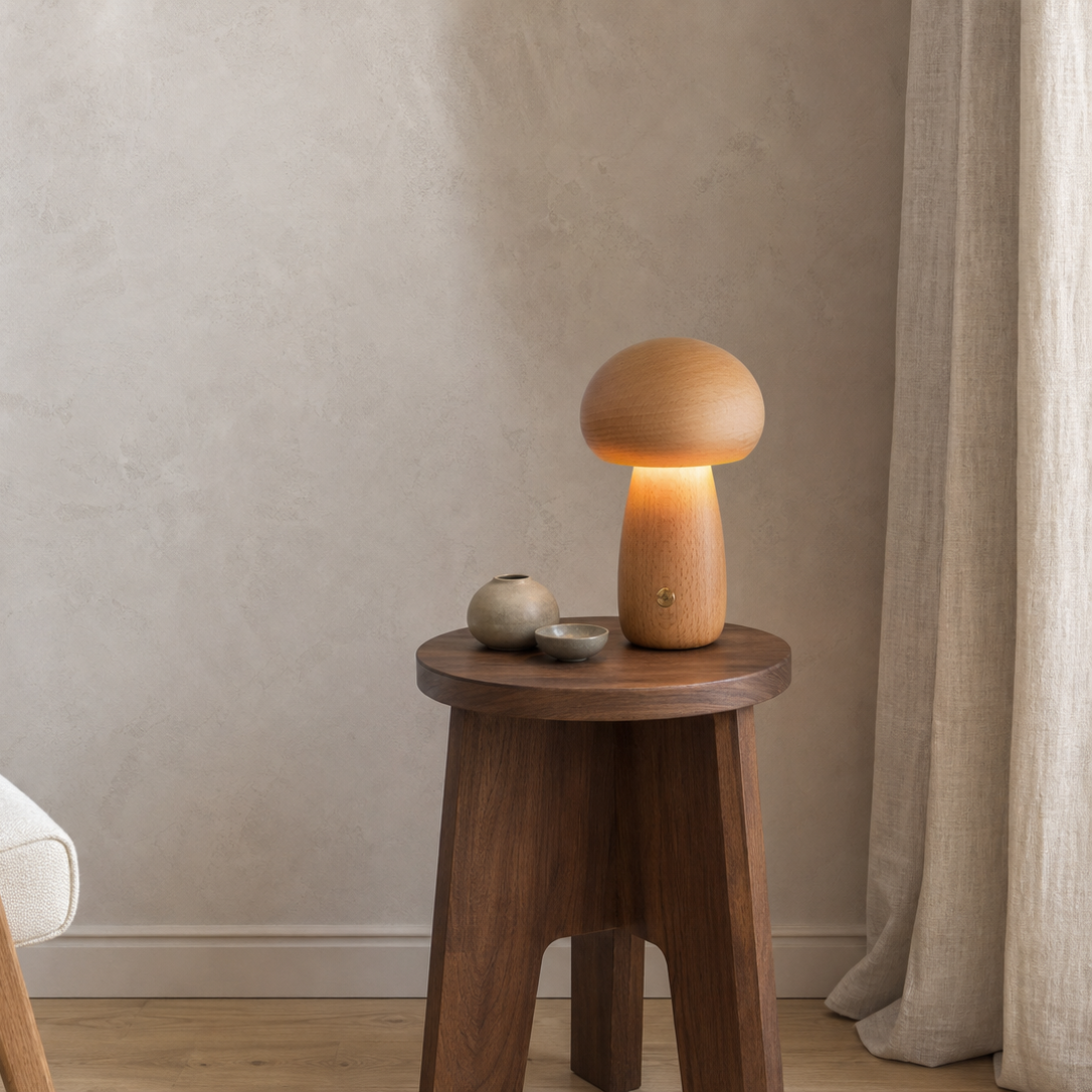 A mushroom-shaped wooden table lamp glowing with warm light, styled on a small wooden stool in a minimalist room setting with a textured beige wall, draped throw blanket, and neutral curtains.