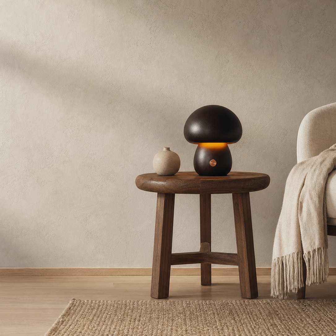 A mushroom-shaped black table lamp glowing with warm light, displayed on a round wooden stool next to a small ceramic vase in a minimalist room setting.