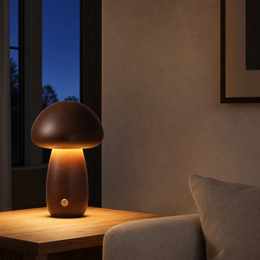 A mushroom-shaped table lamp with a dark brown finish glows warmly on a wooden side table in a cozy living room setting.