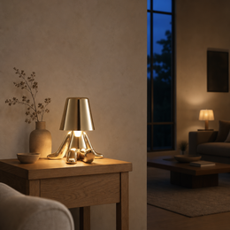 A modern table lamp with a brushed gold metallic shade and sculptural gold base, illuminated and placed on a wooden side table in a warm, contemporary living room setting.