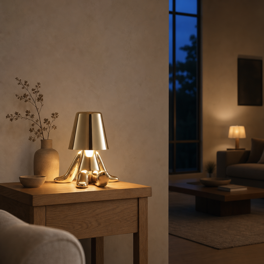 A modern table lamp with a brushed gold metallic shade and sculptural gold base, illuminated and placed on a wooden side table in a warm, contemporary living room setting.