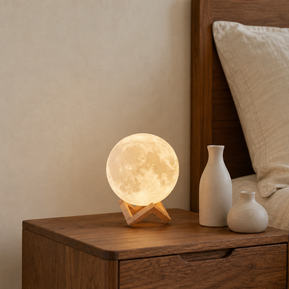A glowing moon lamp on a wooden nightstand beside a bed with a pillow and two small ceramic vases.